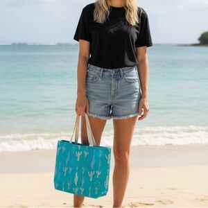 NEW Turquoise Blue Silver Metallic Cactus Print Southwest Desert Beach Tote Bag